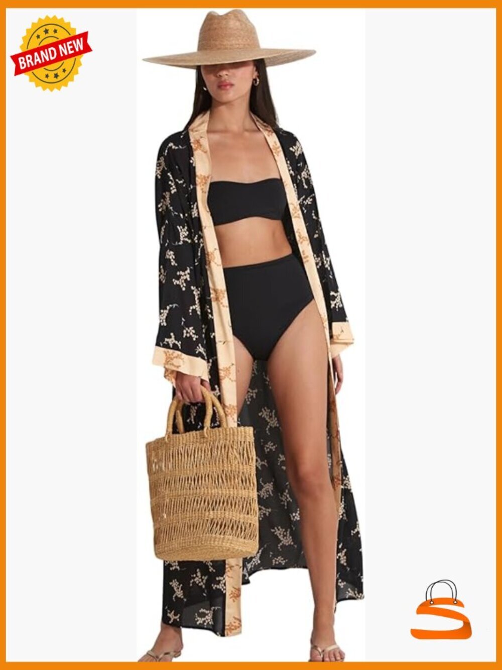 One Size Floral Border Print Kimono Swimsuit Cover Up